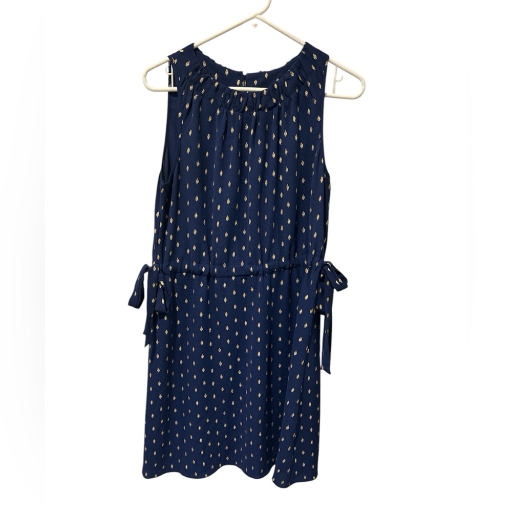 Navy Blue Sleeveless Dress with Gold Accents